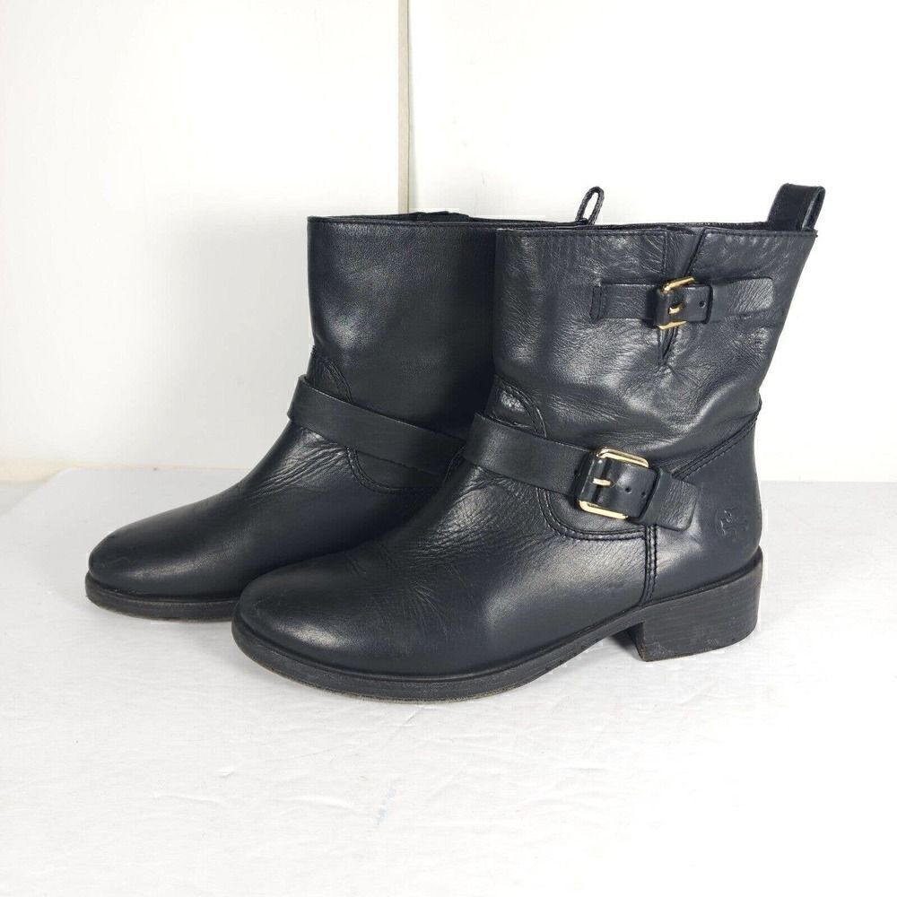 Tory Burch Women’s Bennie US 7M Black Leather Buckled Ankle Biker Riding Boots